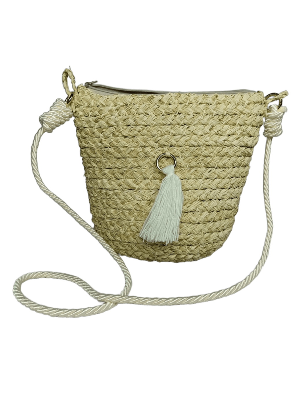 Mochila con cierre elaborado en palma de iraca con borla blanca y lazo blanco