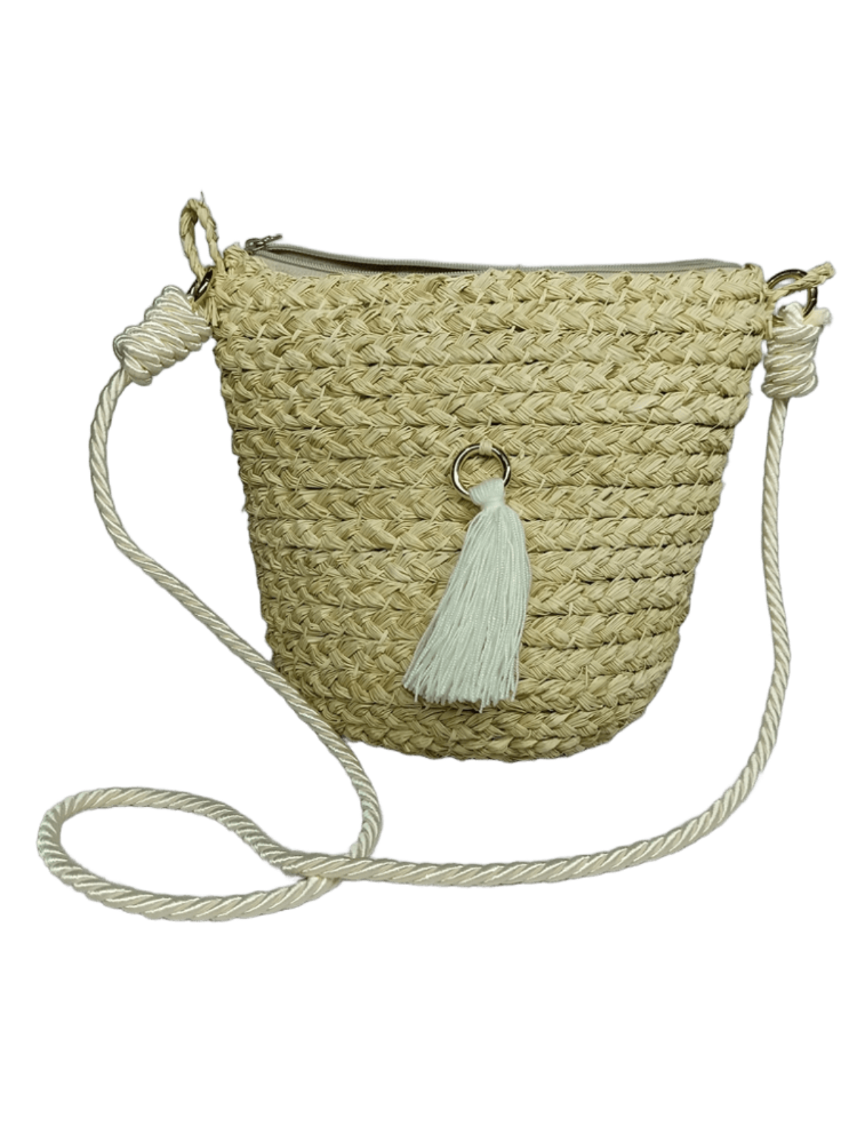 Mochila con cierre elaborado en palma de iraca con borla blanca y lazo blanco