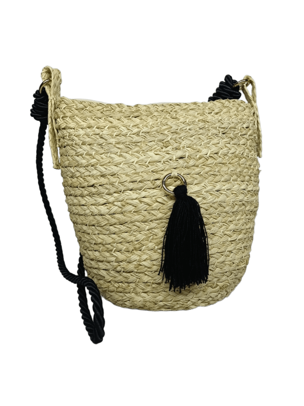 Mochila con cierre elaborado en palma de iraca con borla negro y lazo negro