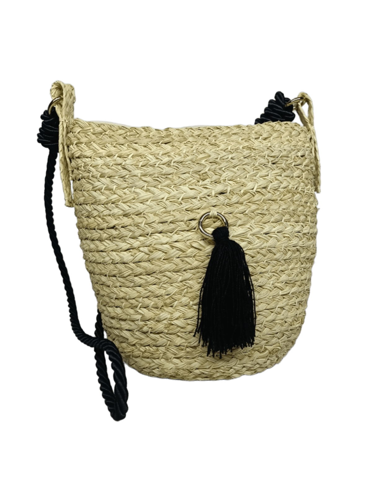 Mochila con cierre elaborado en palma de iraca con borla negro y lazo negro