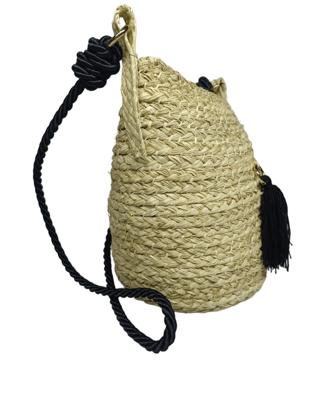 Mochila con cierre de perfil elaborado en palma de iraca con borla negro y lazo negro