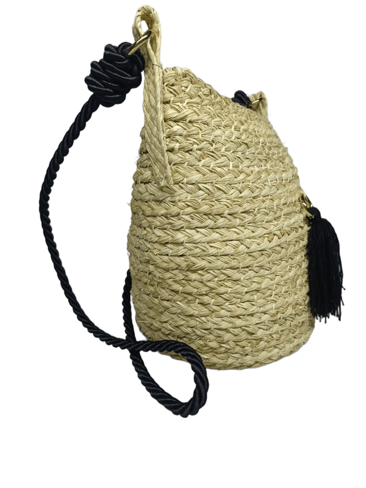 Mochila con cierre de perfil elaborado en palma de iraca con borla negro y lazo negro
