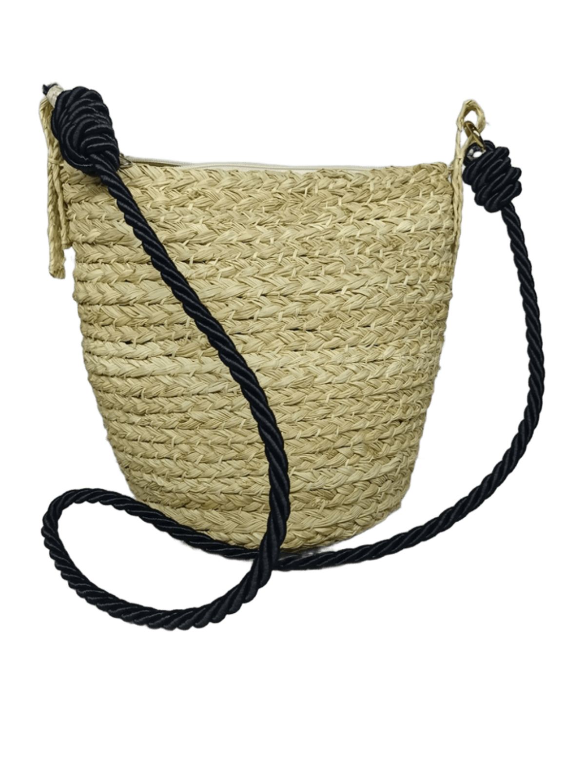 Mochila con cierre de espaldas elaborado en palma de iraca con borla negro y lazo negro