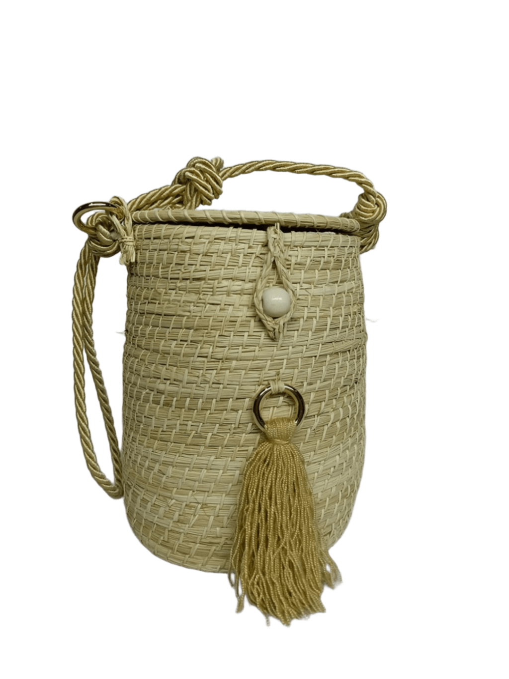 Bolso elaborado en palma de iraca tipo tambor color beige, color beige y lazo beige