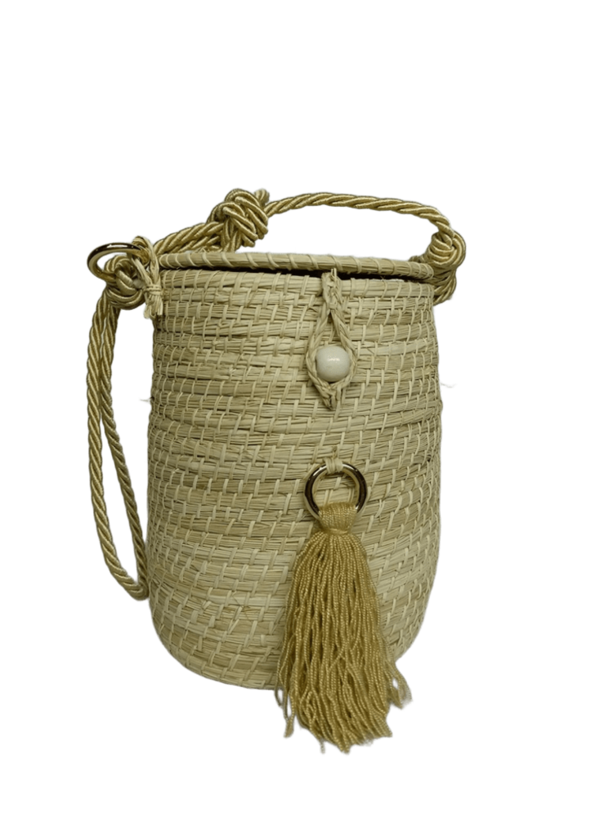 Bolso elaborado en palma de iraca tipo tambor color beige, color beige y lazo beige
