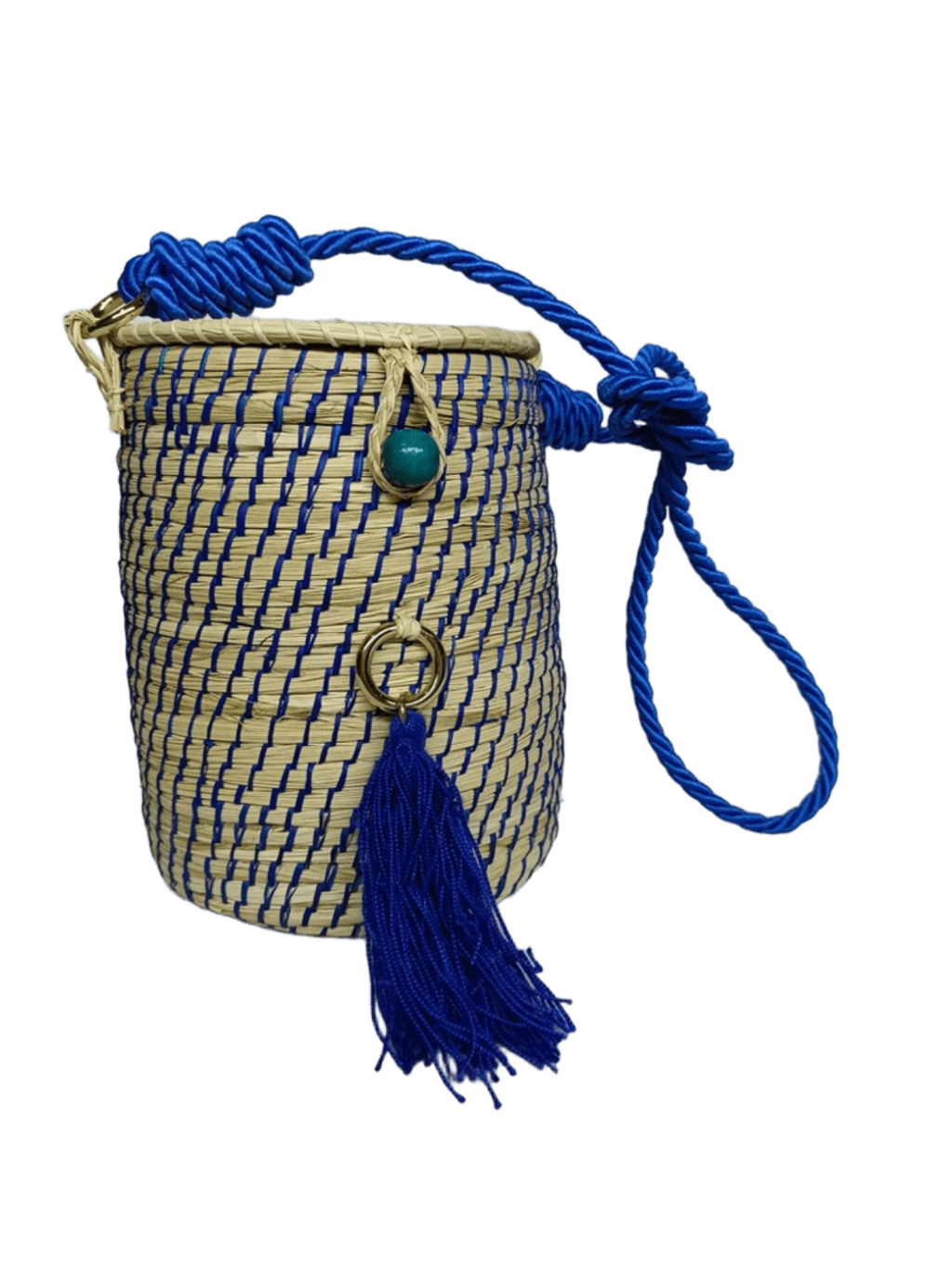 Bolso elaborado en palma de iraca tipo tambor color azul, borla azul y lazo azul