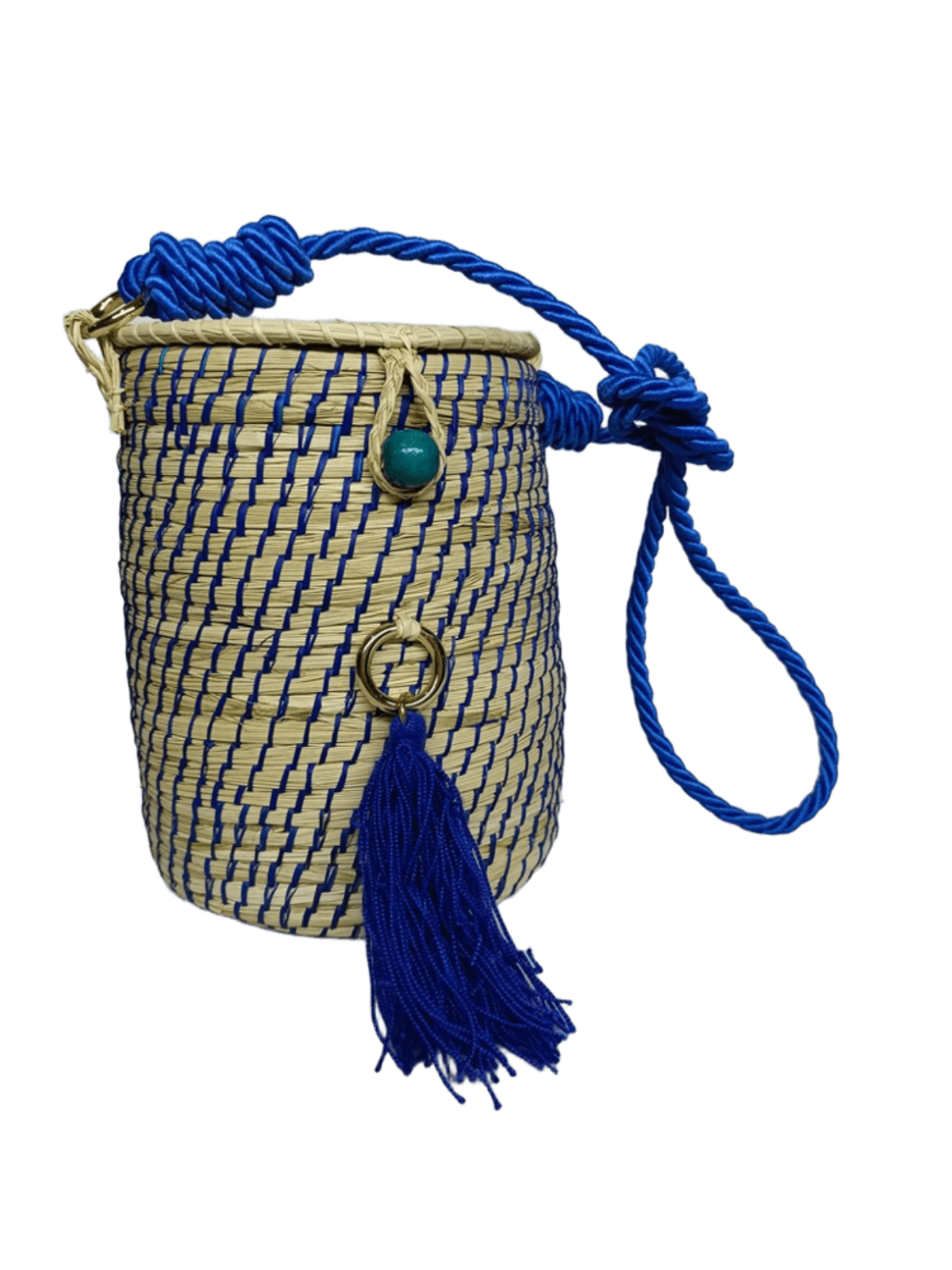 Bolso elaborado en palma de iraca tipo tambor color azul, borla azul y lazo azul