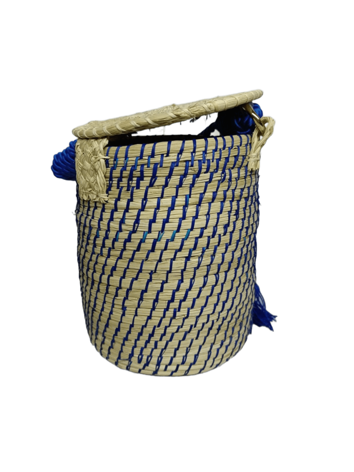 Bolso de espalda elaborado en palma de iraca tipo tambor color azul, borla azul y lazo azul