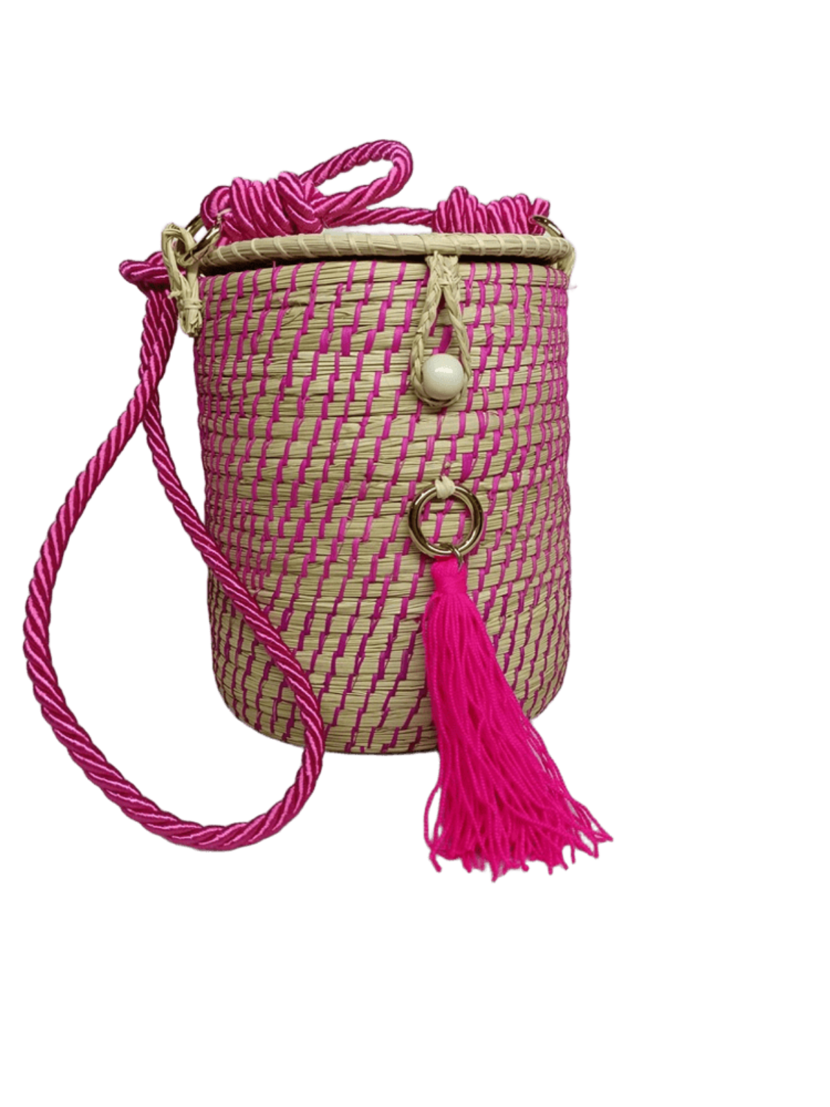 Bolso elaborado en palma de iraca tipo tambor color fucsia, borla fucsia y lazo fucsia