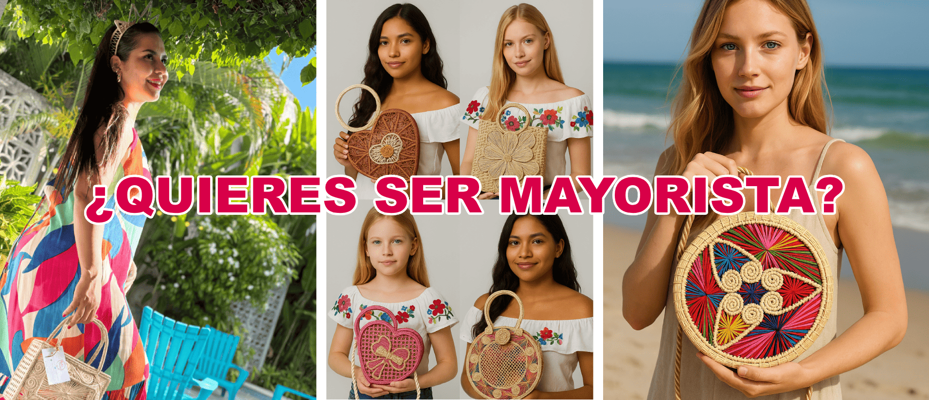 Un collage de imagenes con mujeres exhibiendo productos elaborados en palma de iraca