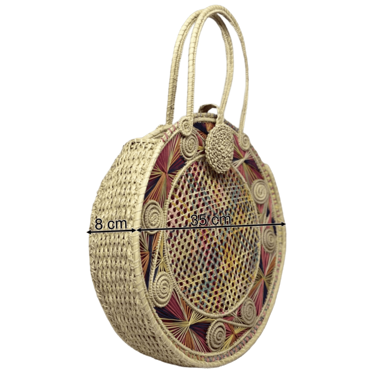 Bolso de perfil elaborado en palma de iraca redondo color fucsia con aza beige