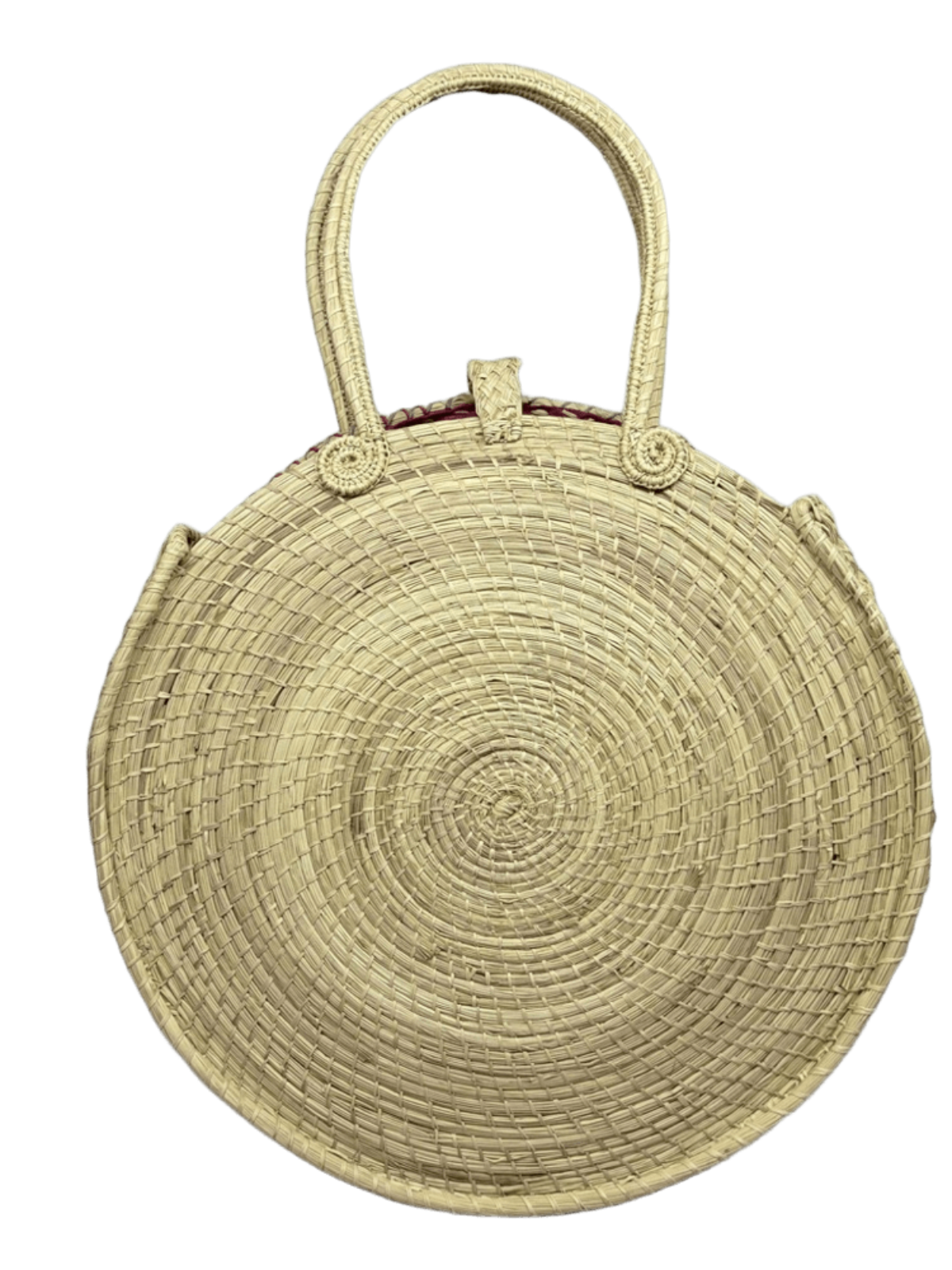 Bolso espalda elaborado en palma de iraca redondo color fucsia con aza beige