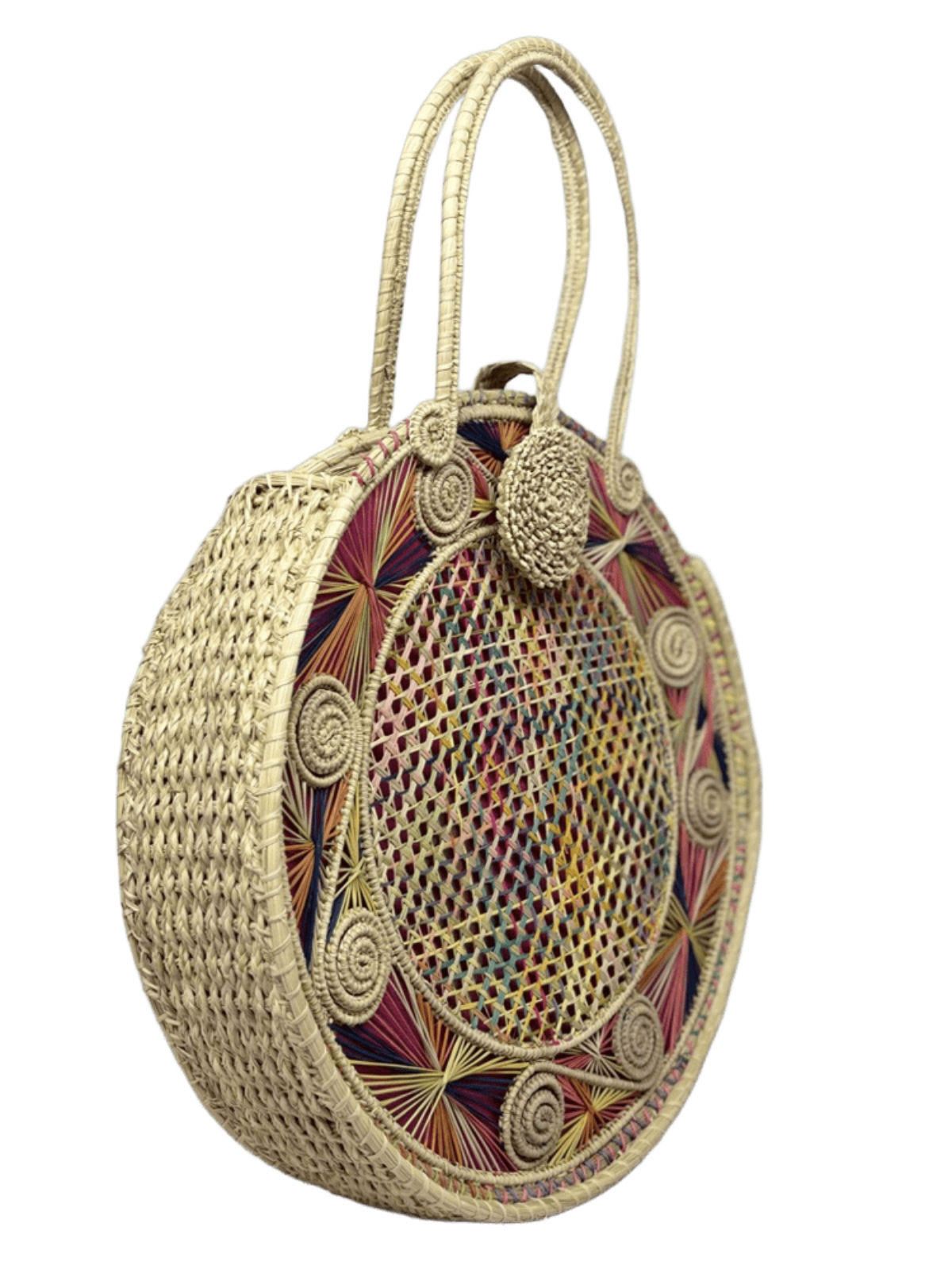Bolso de perfil elaborado en palma de iraca redondo color fucsia con aza beige