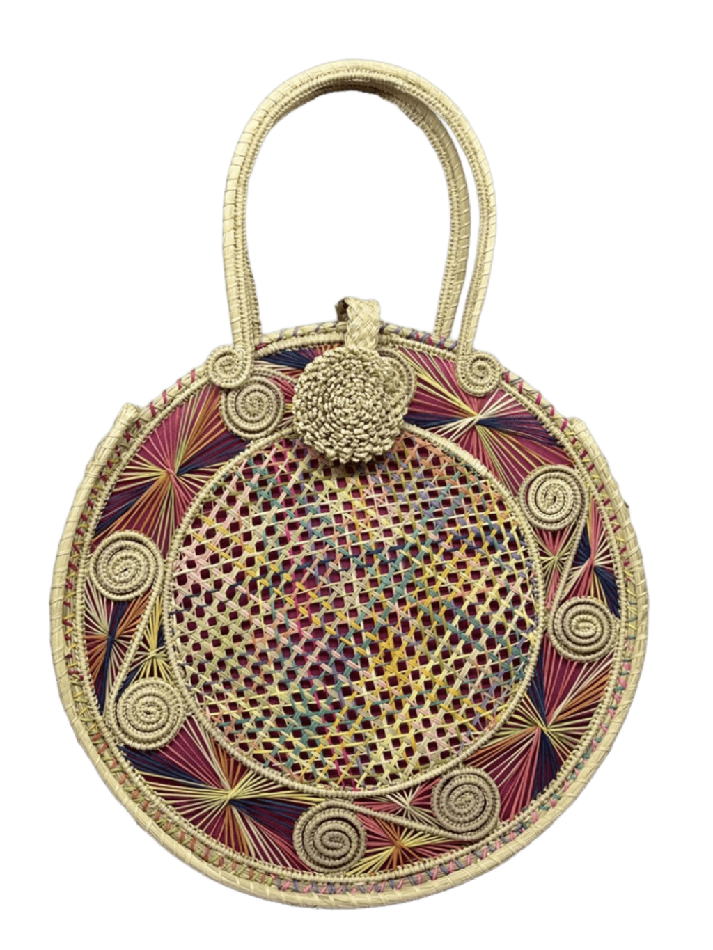 Bolso elaborado en palma de iraca redondo color fucsia con aza beige