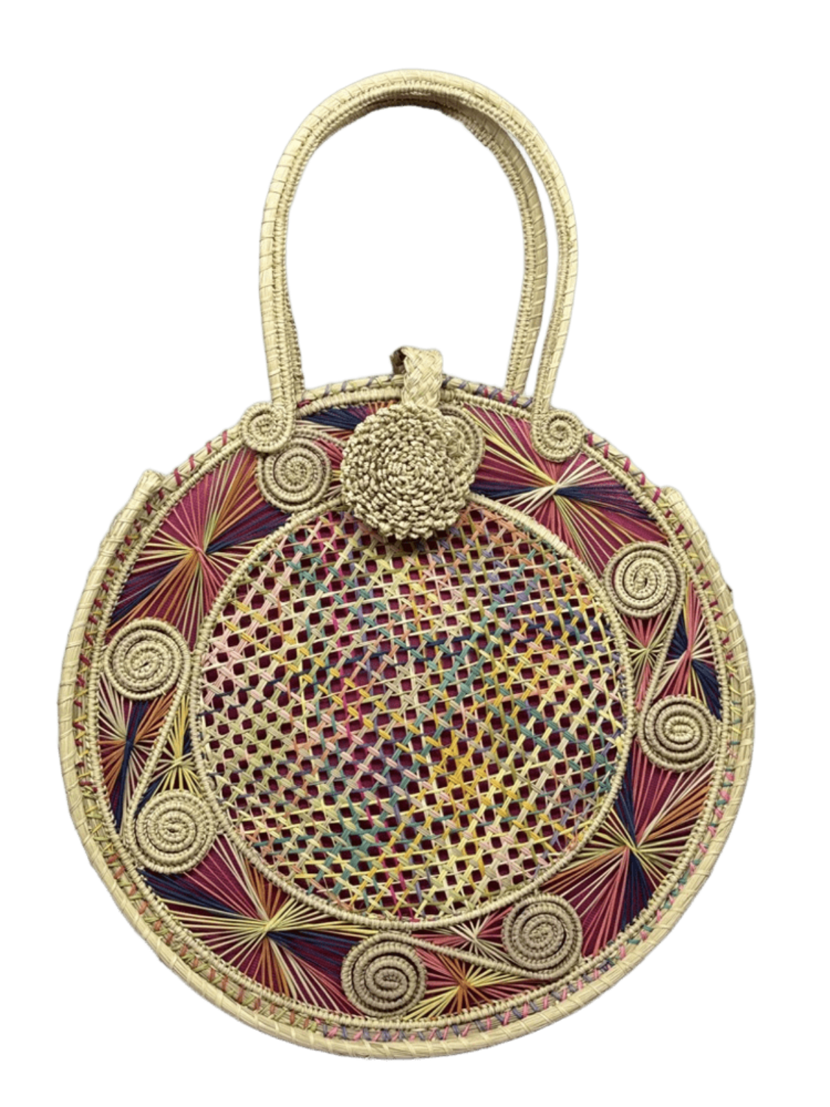 Bolso elaborado en palma de iraca redondo color fucsia con aza beige