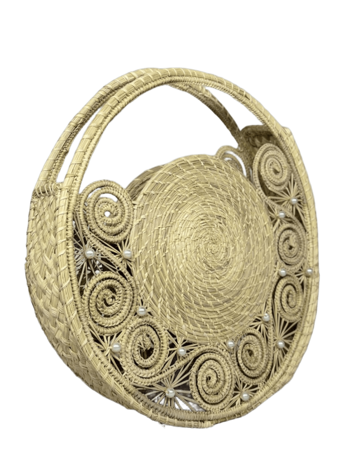 Bolso de perfil elaborado en palma de iraca redondo con perlas color beige