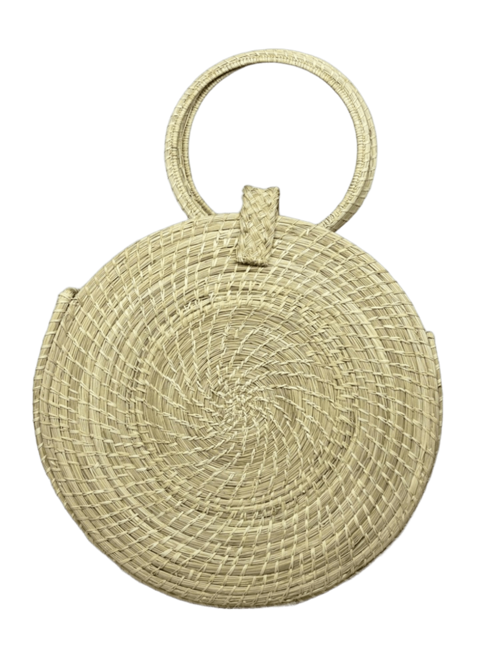 Bolso de espaldas elaborado en palma de iraca con figuras en forma de corazones redondo color beige con aza beige