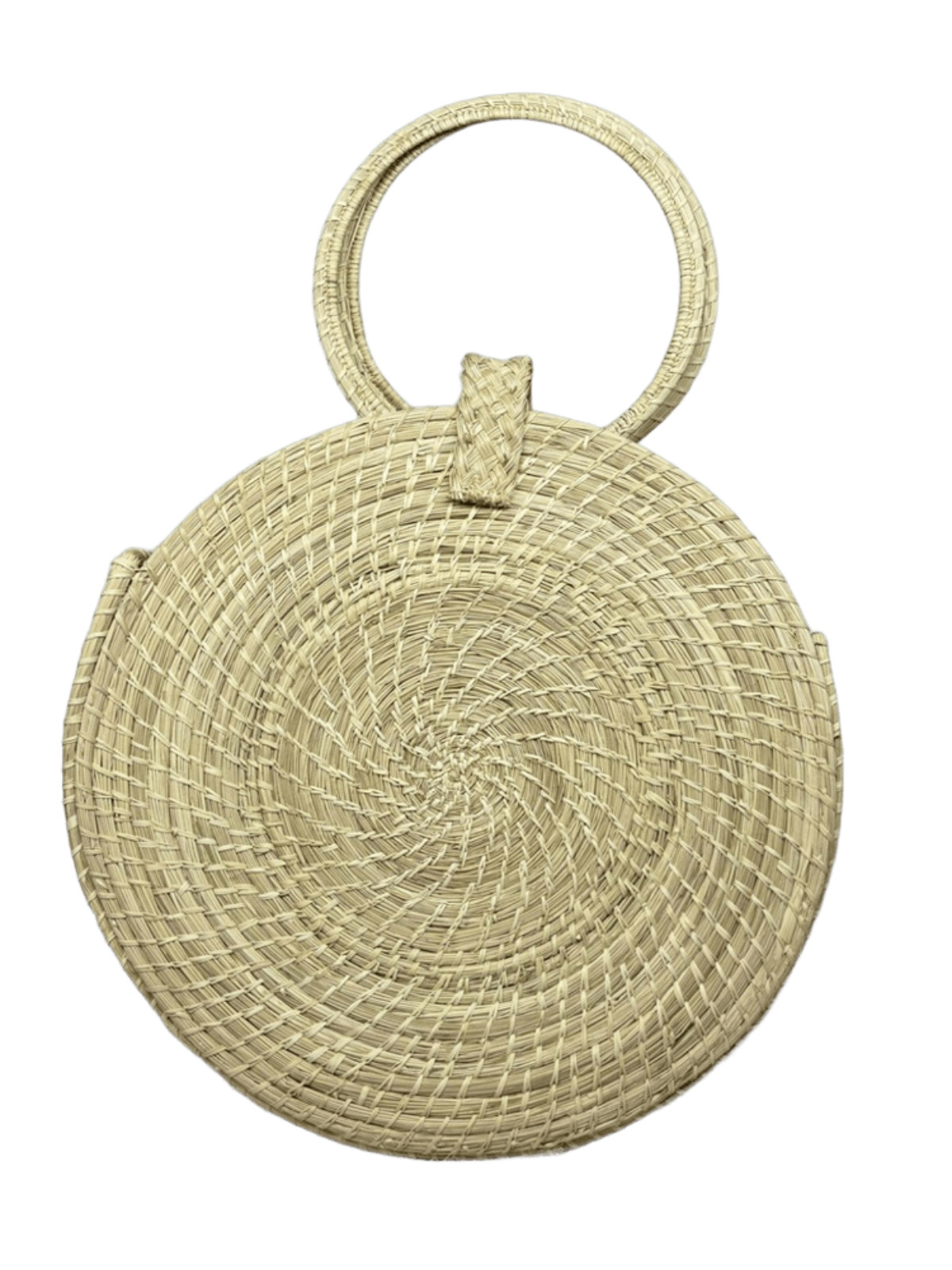 Bolso de espaldas elaborado en palma de iraca con figuras en forma de corazones redondo color beige con aza beige