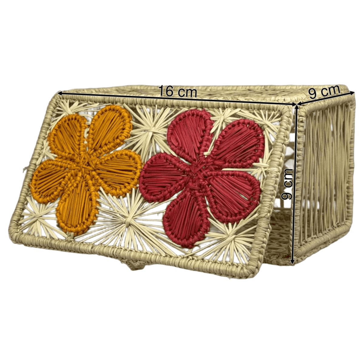 Servilletero rectangular elaborado en palma de iraca con figuras de flores