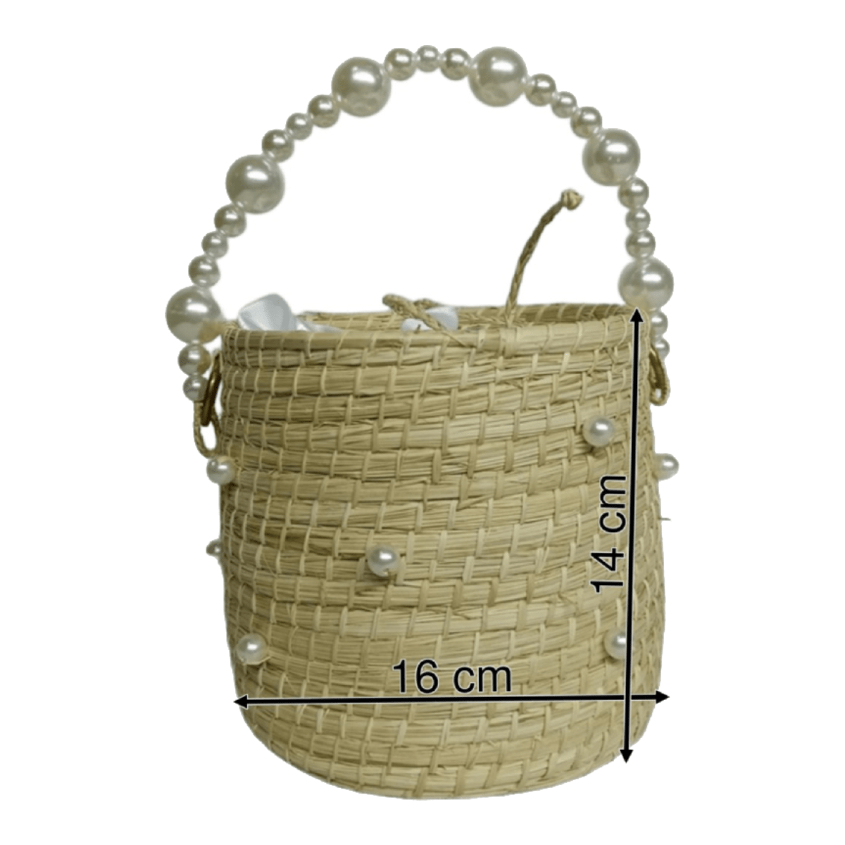 Bolso elaborado en palma de iraca tipo tambor con perlas y aza de perlas