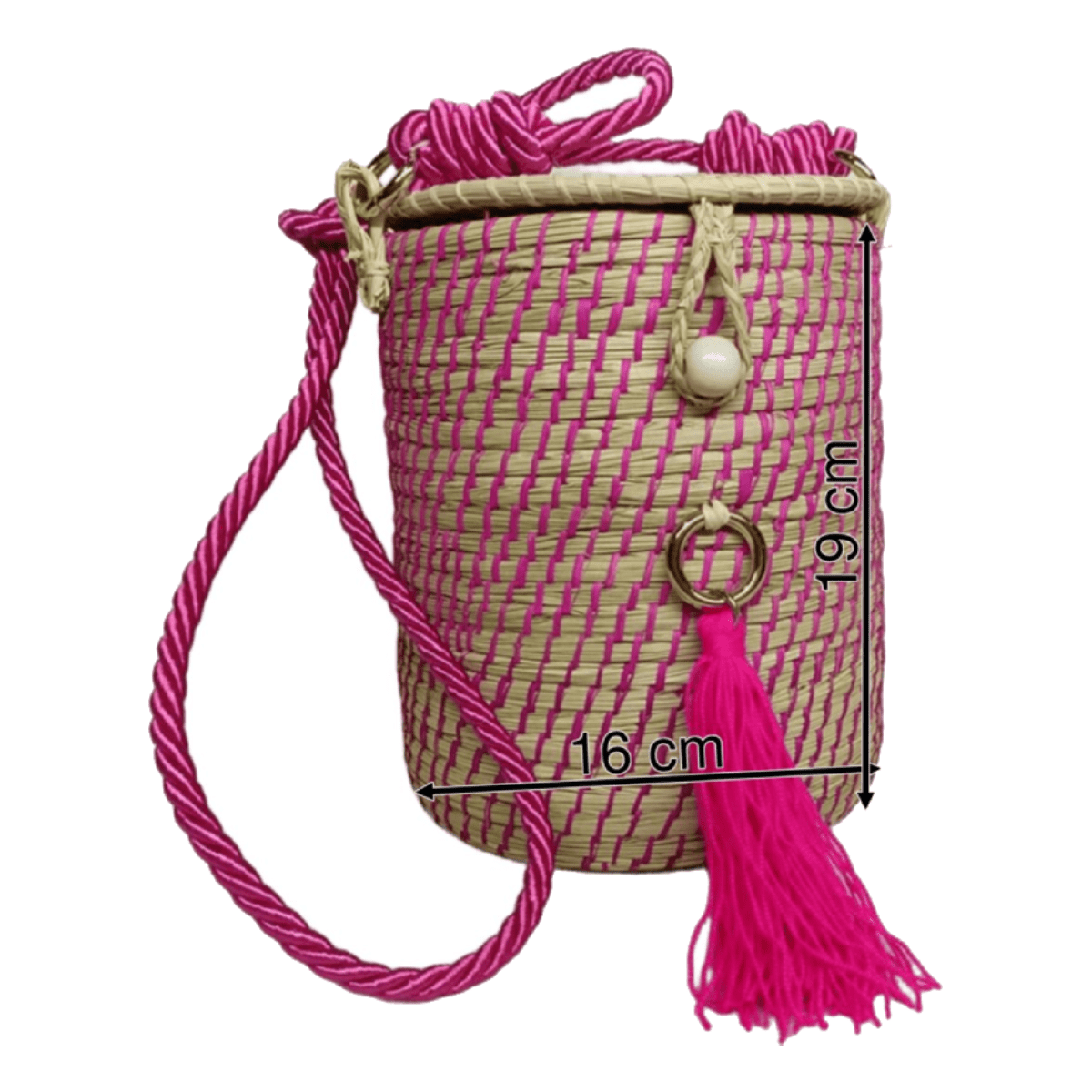 Bolso elaborado en palma de iraca tipo tambor color fucsia, borla fucsia y lazo fucsia
