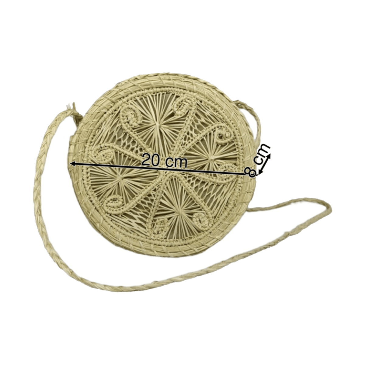 Bolso yoyo redondo en palma de iraca con tejido natural con figuras y lazo tipo trenza color beige