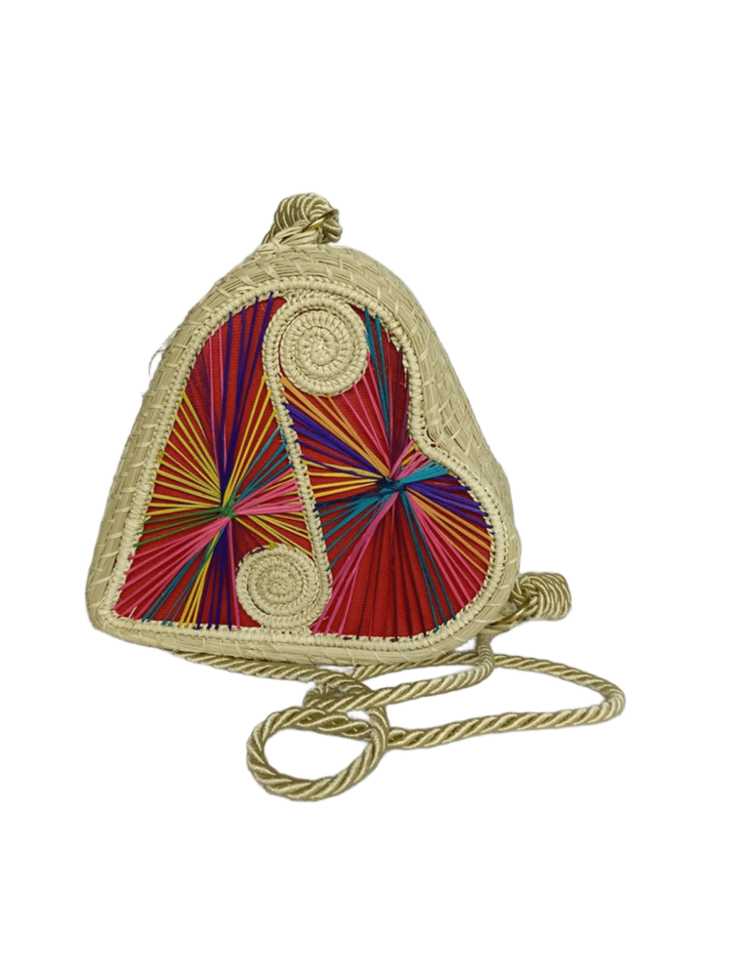 Bolso yoyo elaborado en palma de iraca en forma de corazón colorido con lazo beige