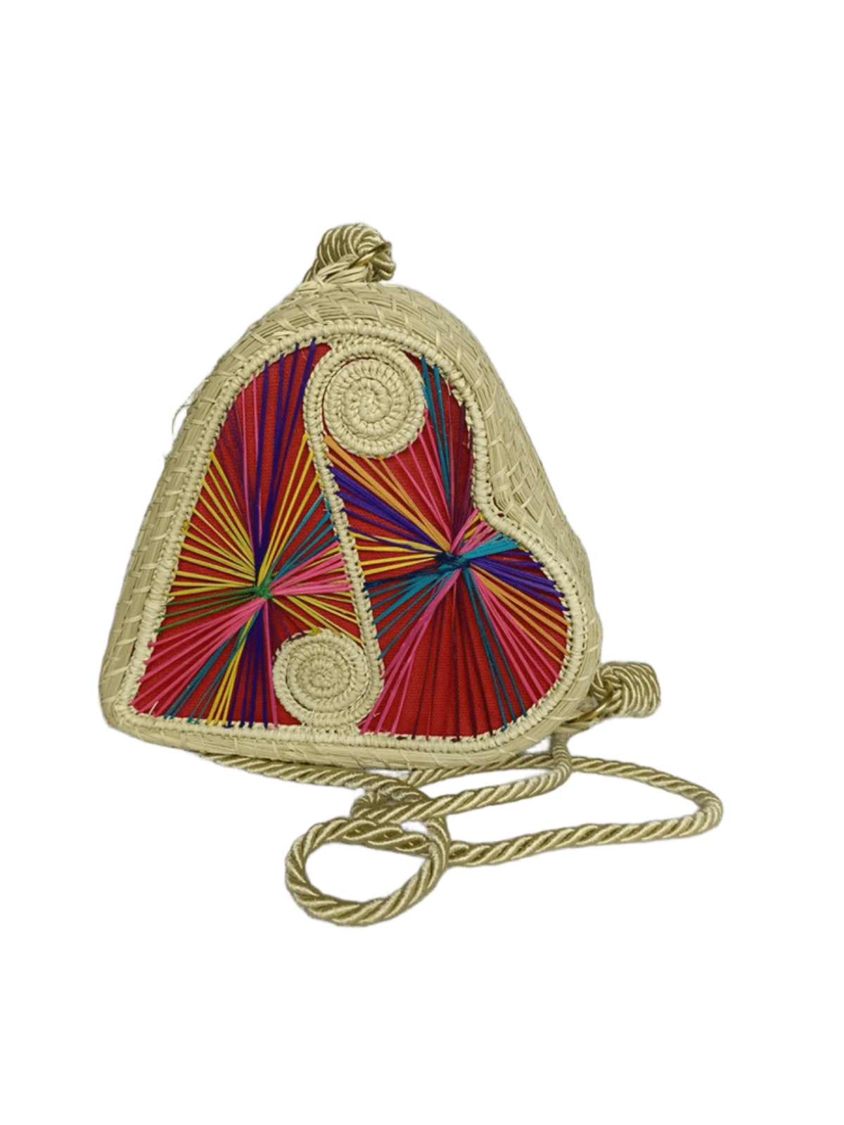 Bolso yoyo elaborado en palma de iraca en forma de corazón colorido con lazo beige