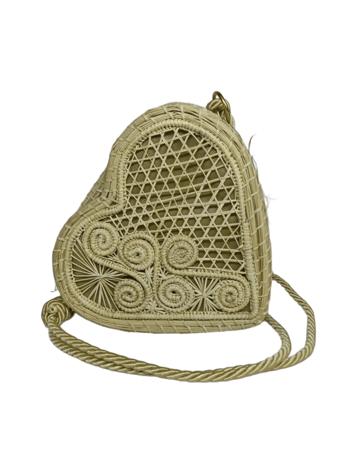 Bolso yoyo elaborado en palma de iraca en forma de corazón color beige con lazo beige