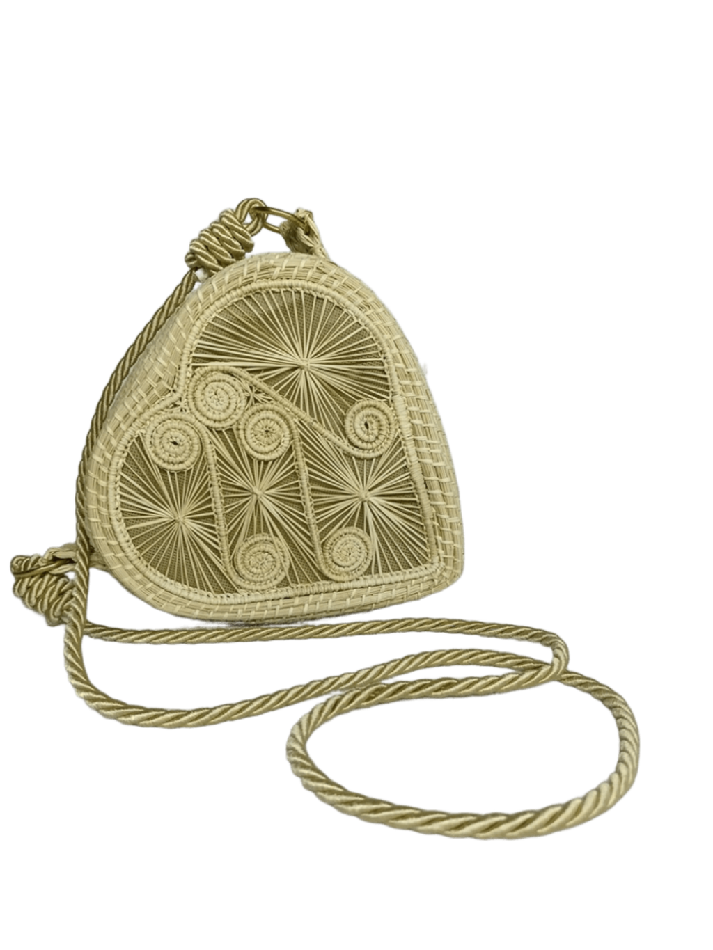 Bolso yoyo elaborado en palma de iraca en forma de corazón color beige con lazo beige