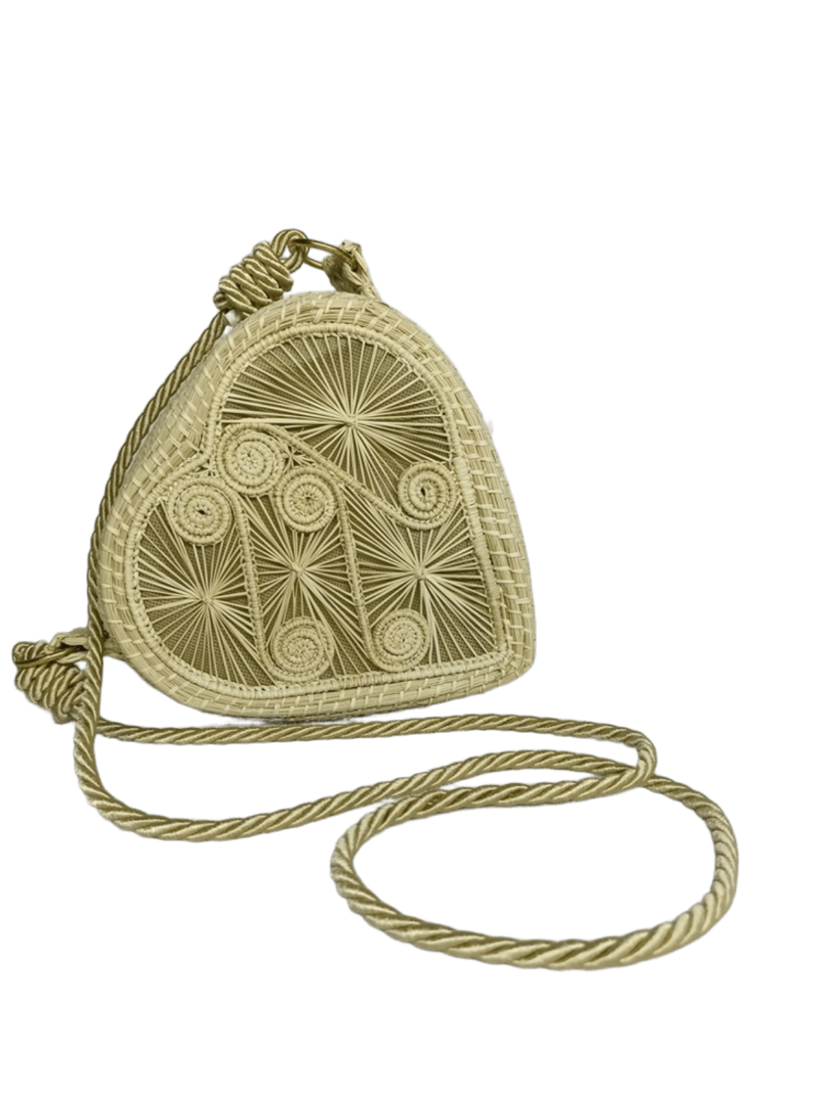 Bolso yoyo elaborado en palma de iraca en forma de corazón color beige con lazo beige