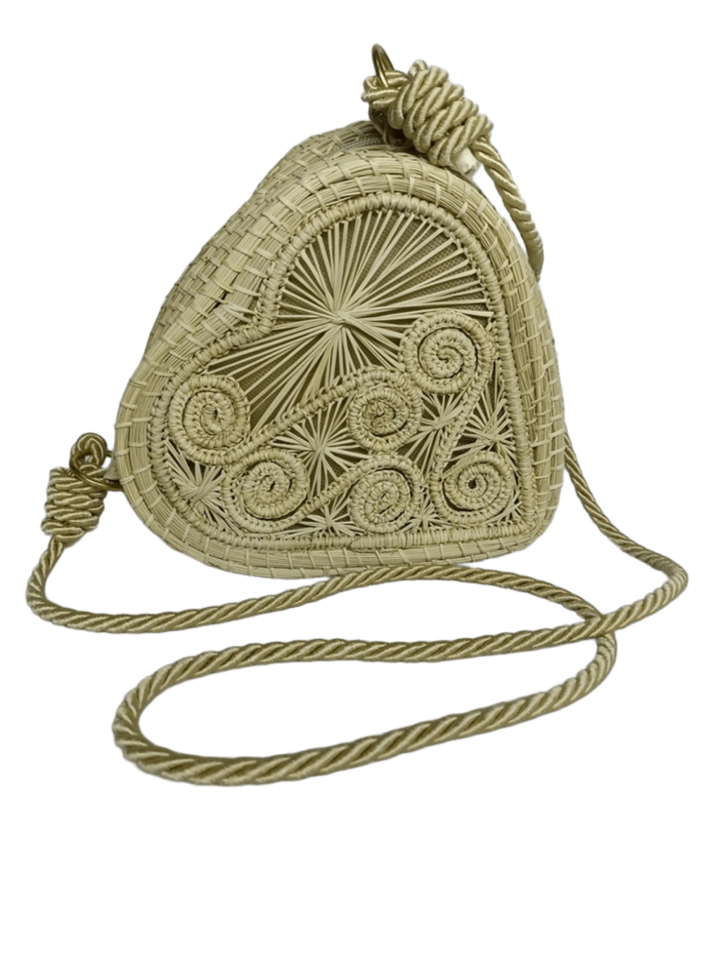 Bolso yoyo elaborado en palma de iraca en forma de corazón color beige con lazo beige