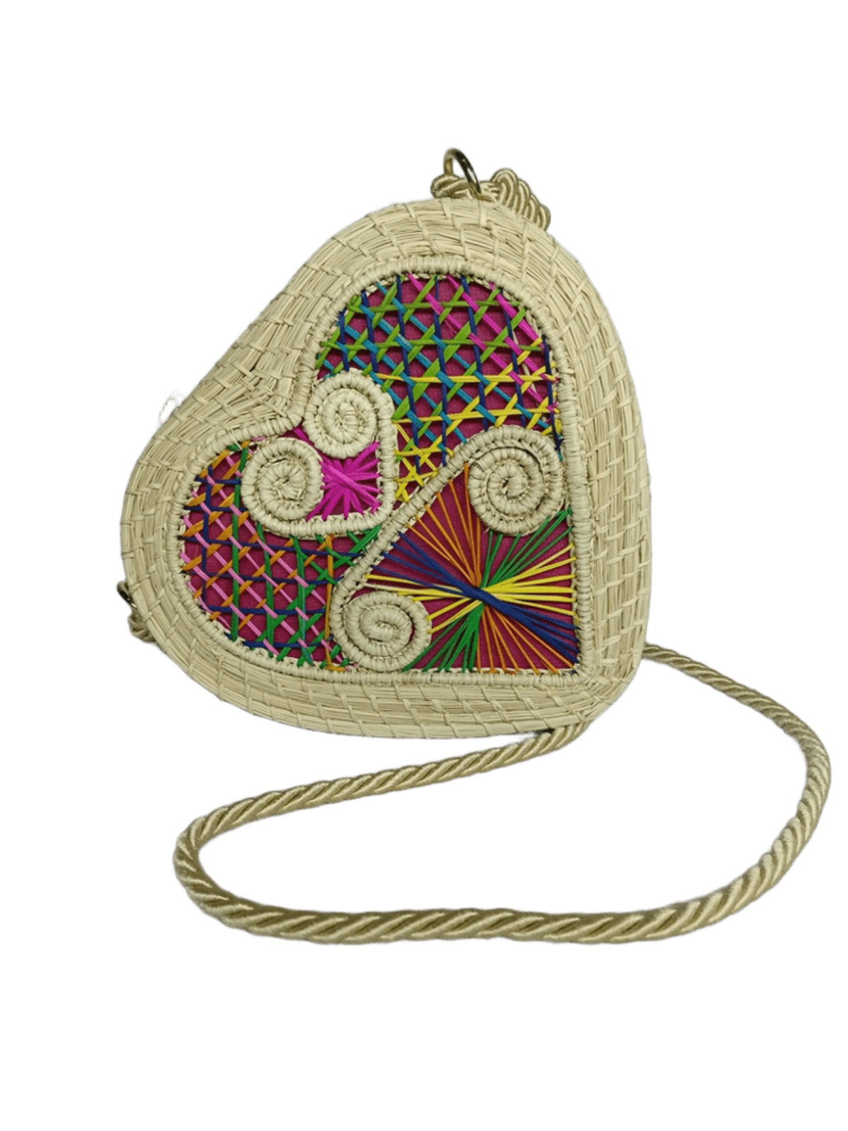 Bolso yoyo elaborado en palma de iraca en forma de corazón colorido con lazo beige