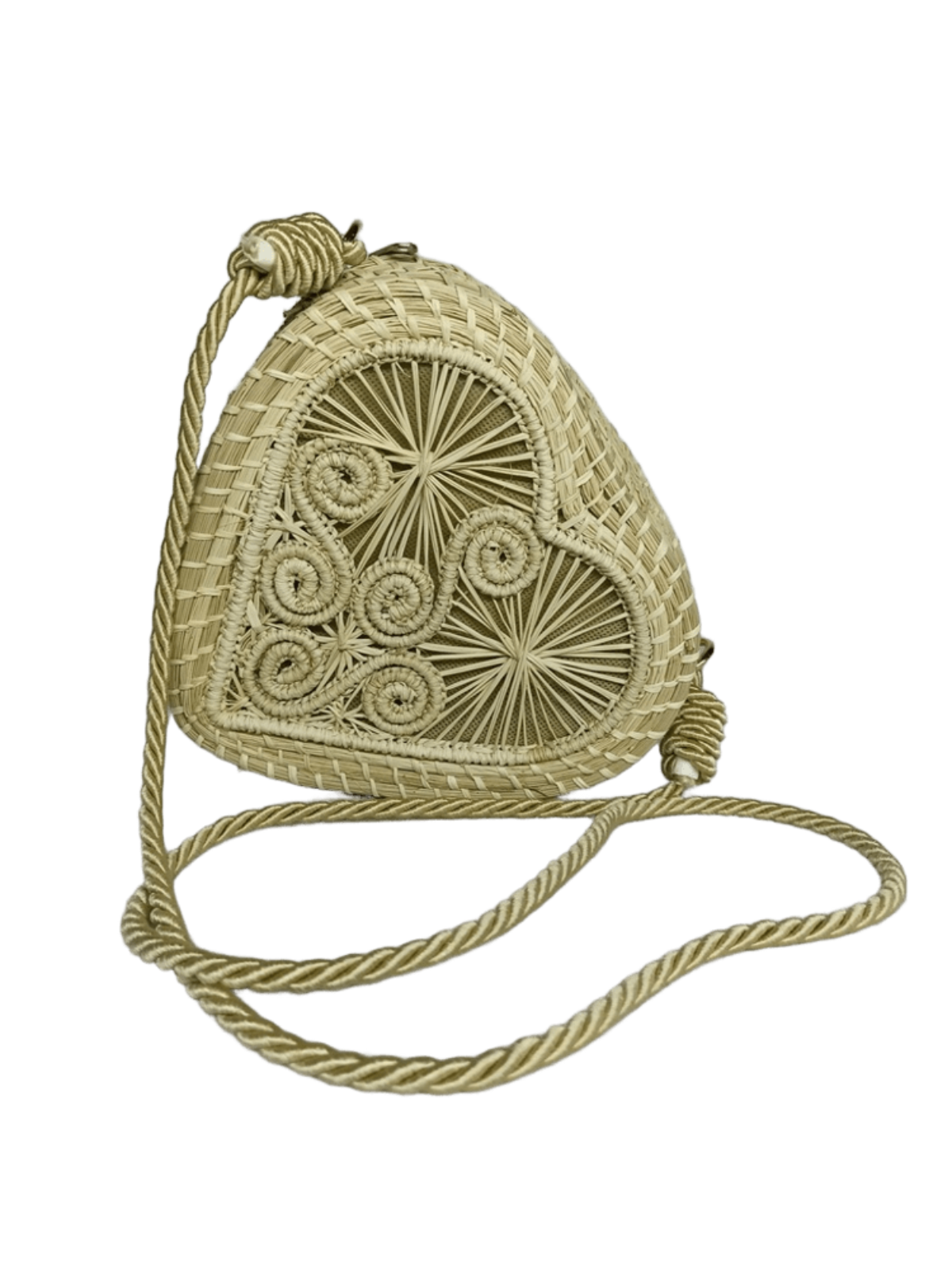 Bolso yoyo elaborado en palma de iraca en forma de corazón color beige con lazo beige