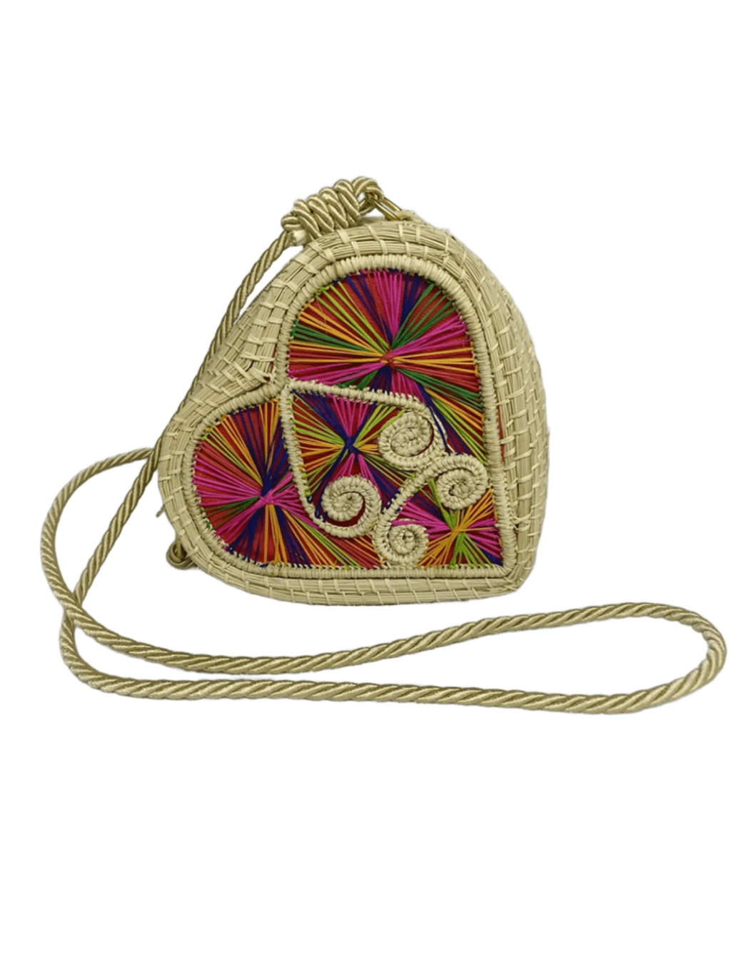 Bolso yoyo elaborado en palma de iraca en forma de corazón colorido con lazo beige
