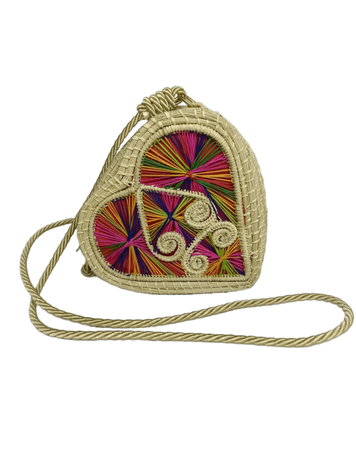 Bolso yoyo elaborado en palma de iraca en forma de corazón colorido con lazo beige