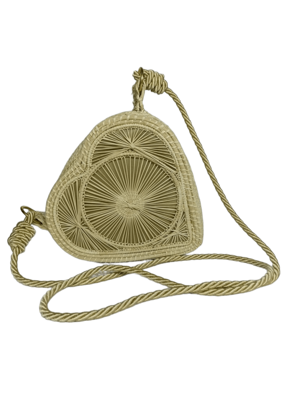 Bolso yoyo elaborado en palma de iraca en forma de corazón color beige con lazo beige