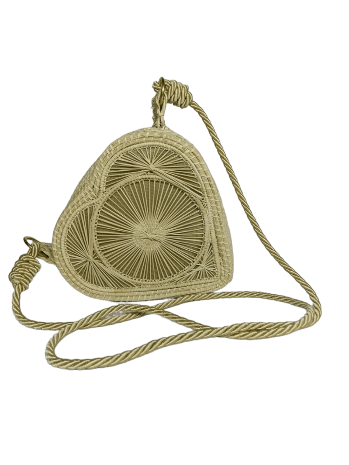 Bolso yoyo elaborado en palma de iraca en forma de corazón color beige con lazo beige