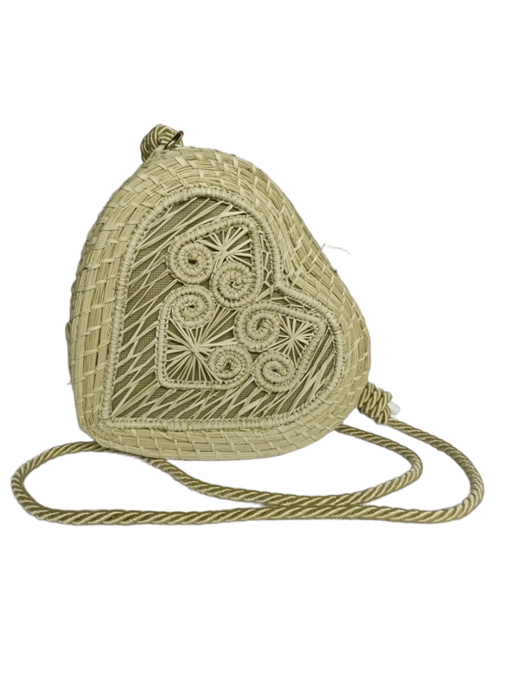 Bolso yoyo elaborado en palma de iraca en forma de corazón color beige con lazo beige