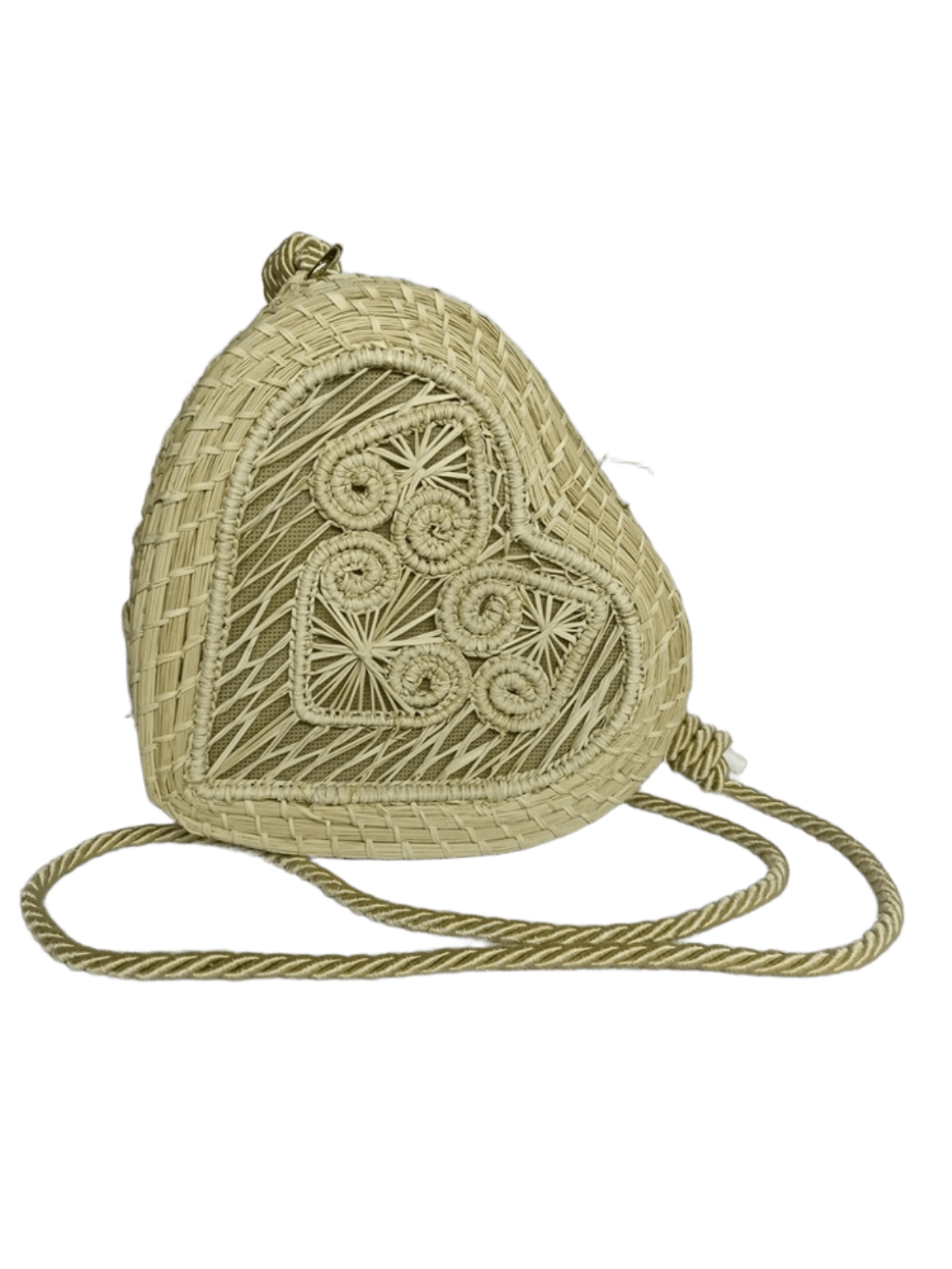 Bolso yoyo elaborado en palma de iraca en forma de corazón color beige con lazo beige