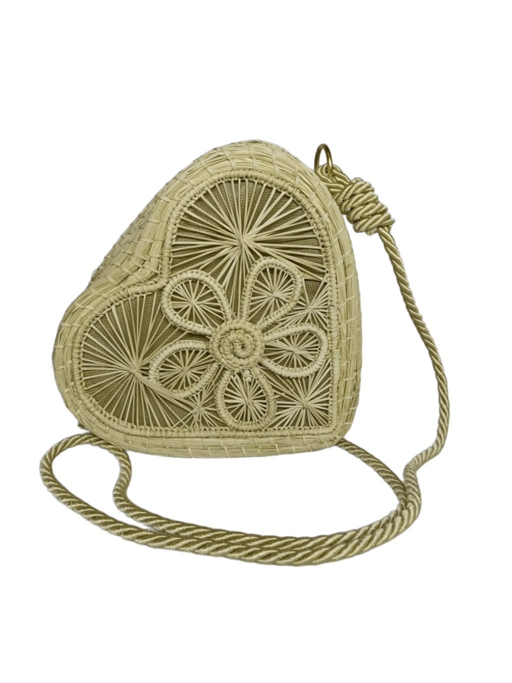 Bolso yoyo elaborado en palma de iraca en forma de corazón color beige con lazo beige