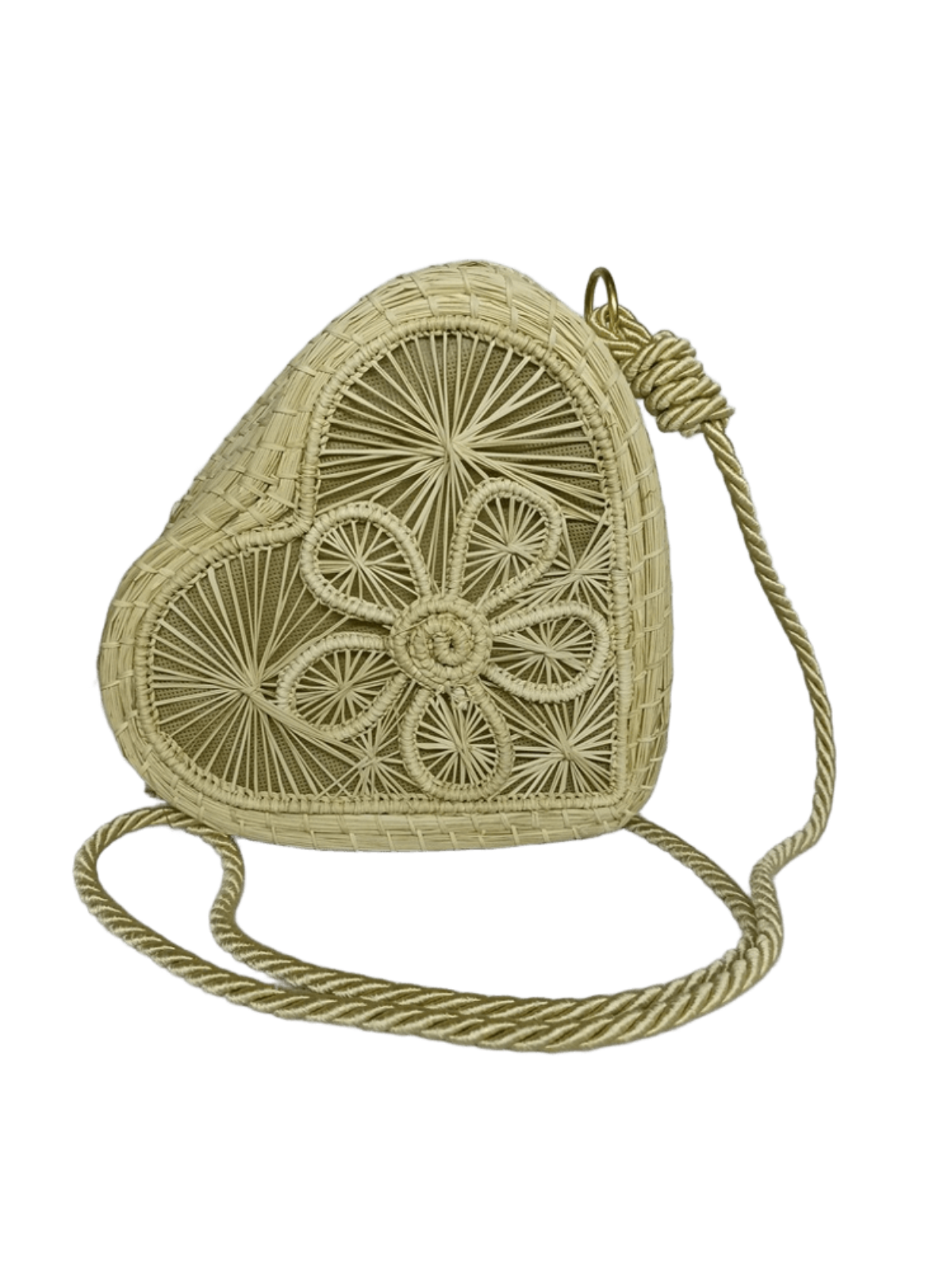 Bolso yoyo elaborado en palma de iraca en forma de corazón color beige con lazo beige