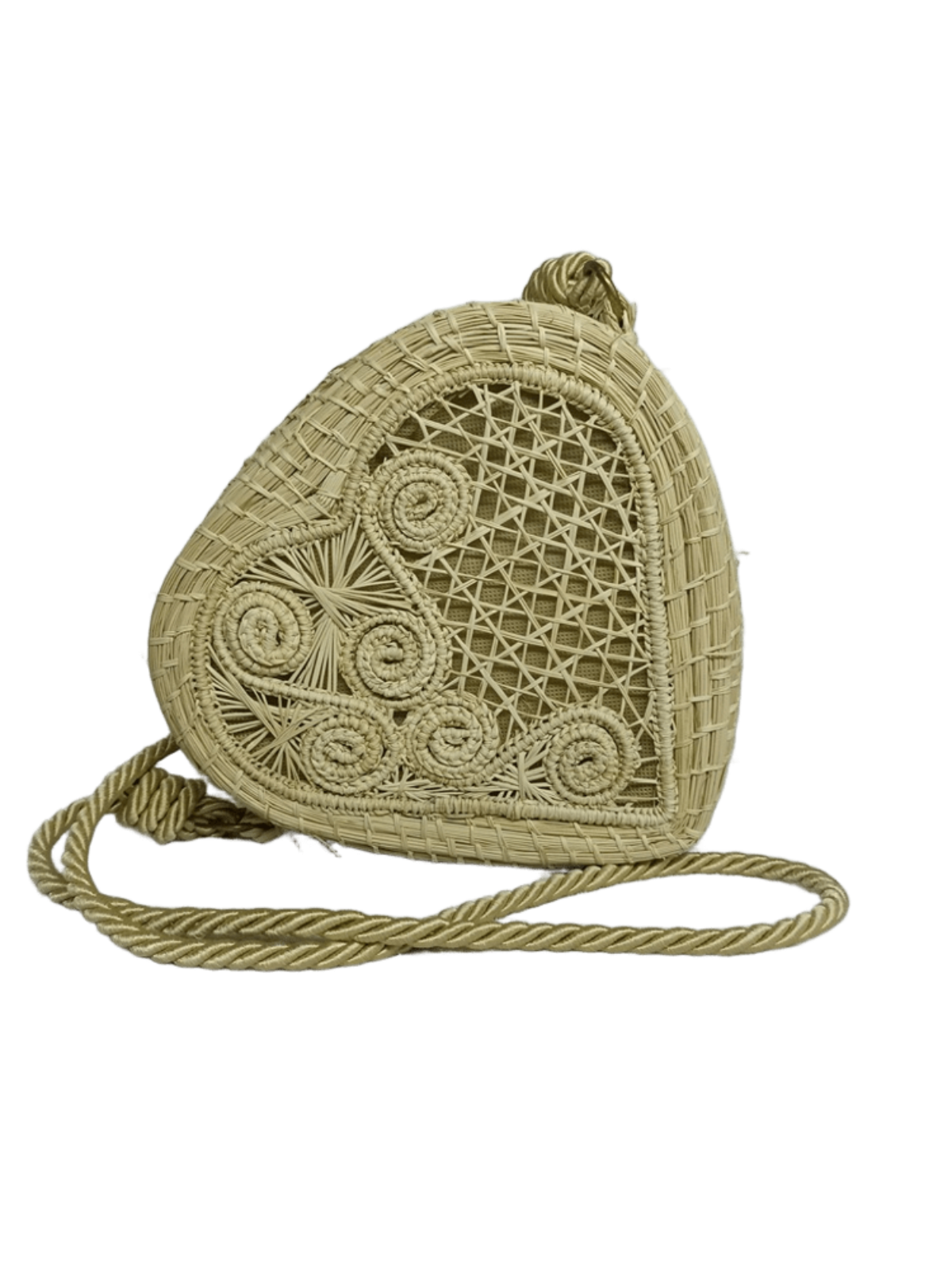 Bolso yoyo elaborado en palma de iraca en forma de corazón color beige con lazo beige