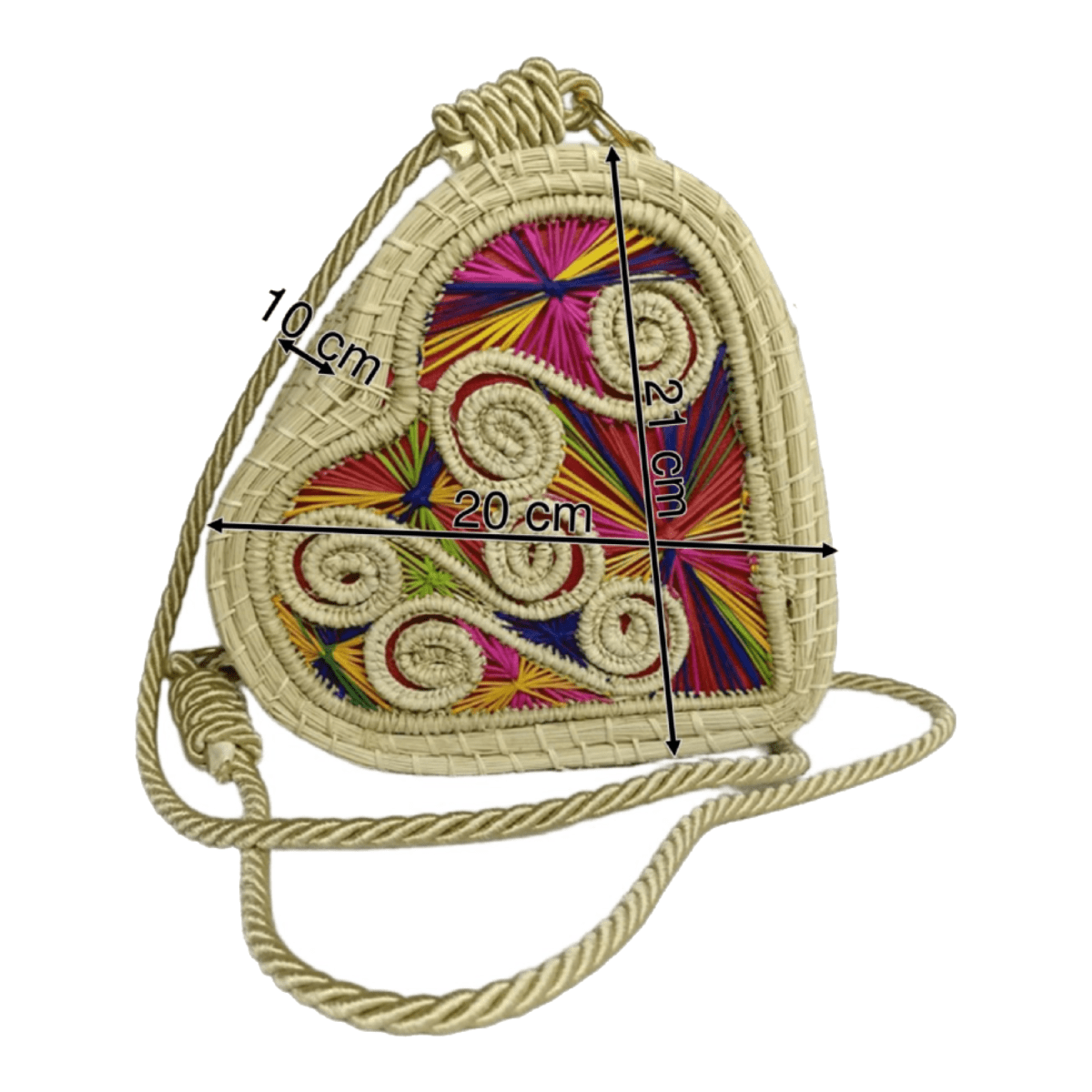Bolso yoyo elaborado en palma de iraca en forma de corazón colorido con lazo beige