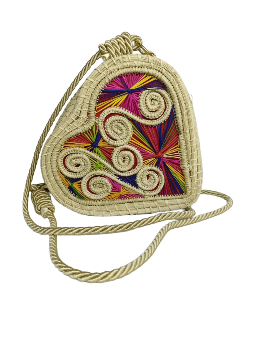 Bolso yoyo elaborado en palma de iraca en forma de corazón colorido con lazo beige
