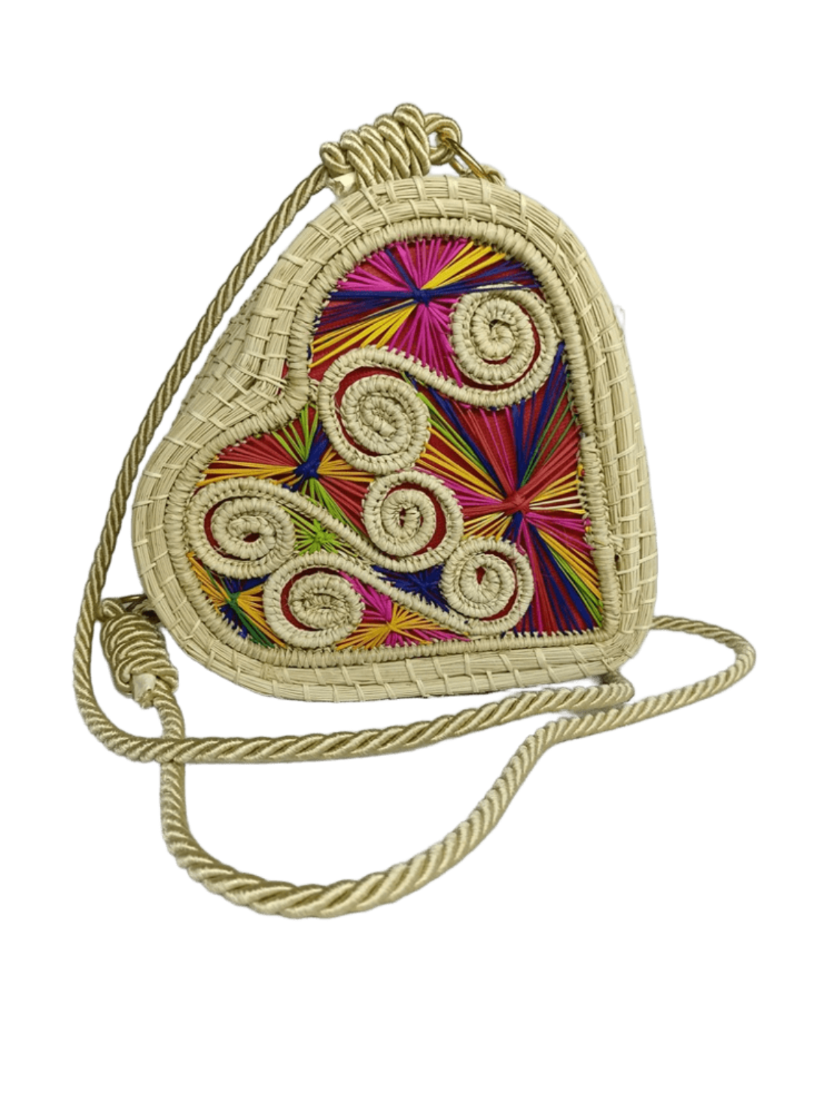 Bolso yoyo elaborado en palma de iraca en forma de corazón colorido con lazo beige