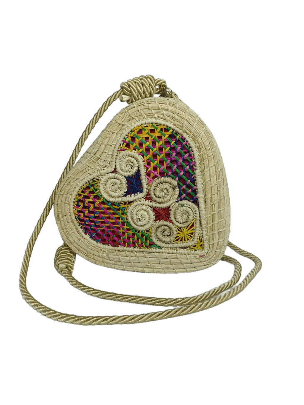 Bolso yoyo elaborado en palma de iraca en forma de corazón colorido con lazo beige