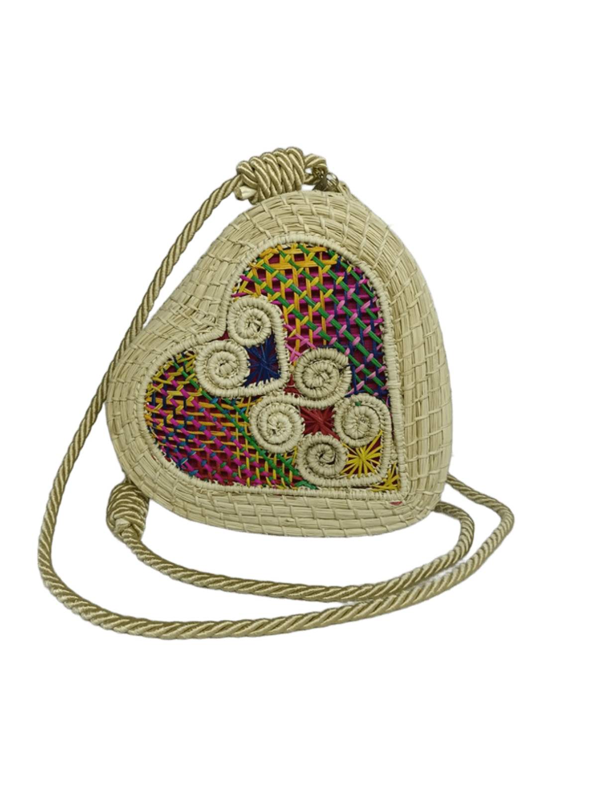 Bolso yoyo elaborado en palma de iraca en forma de corazón colorido con lazo beige