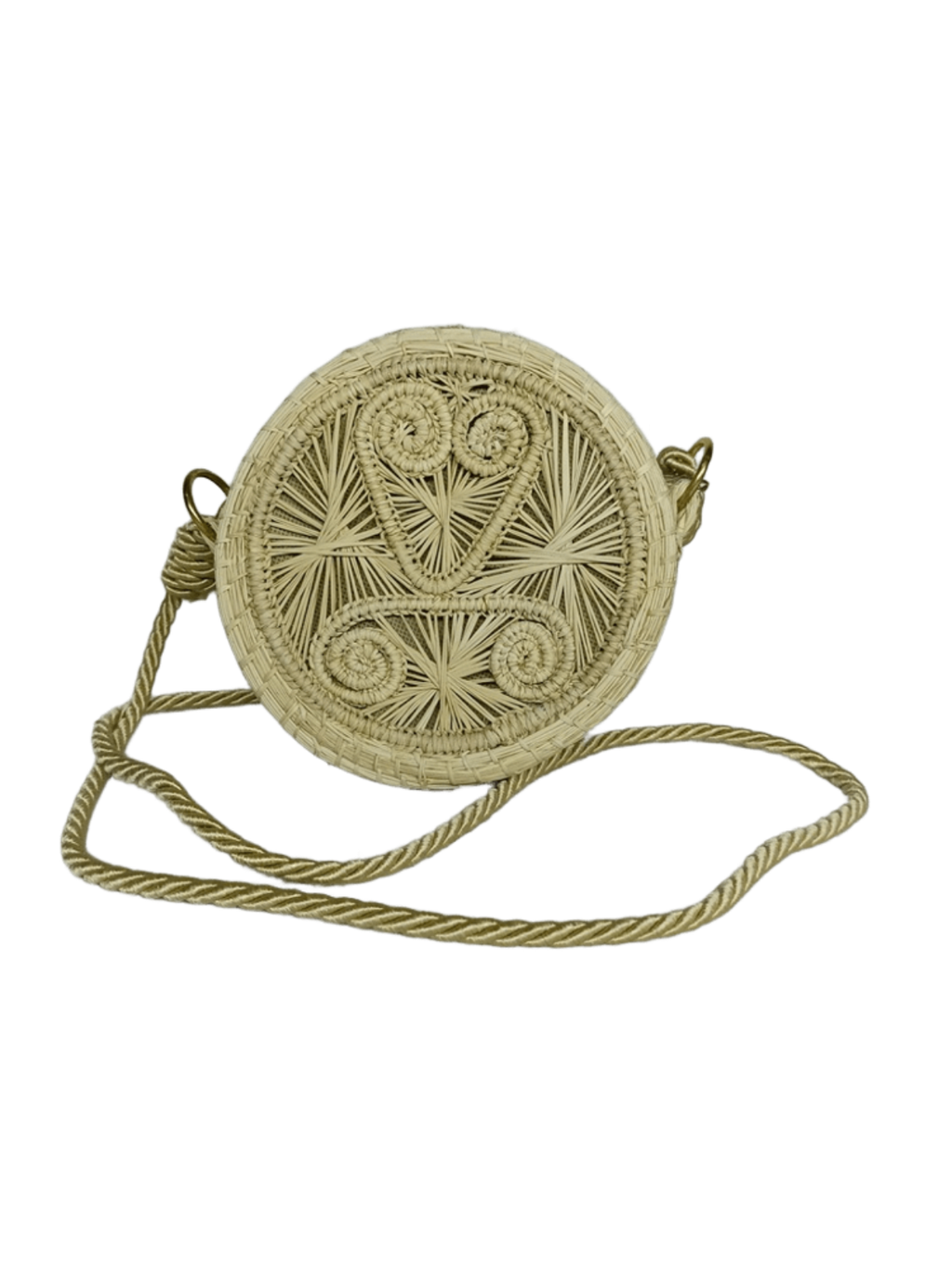 Bolso yoyo redondo en palma de iraca con tejido natural, figuras en forma de corazón y lazo beige