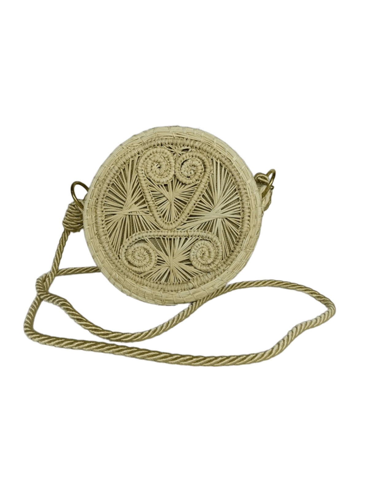 Bolso yoyo redondo en palma de iraca con tejido natural, figuras en forma de corazón y lazo beige
